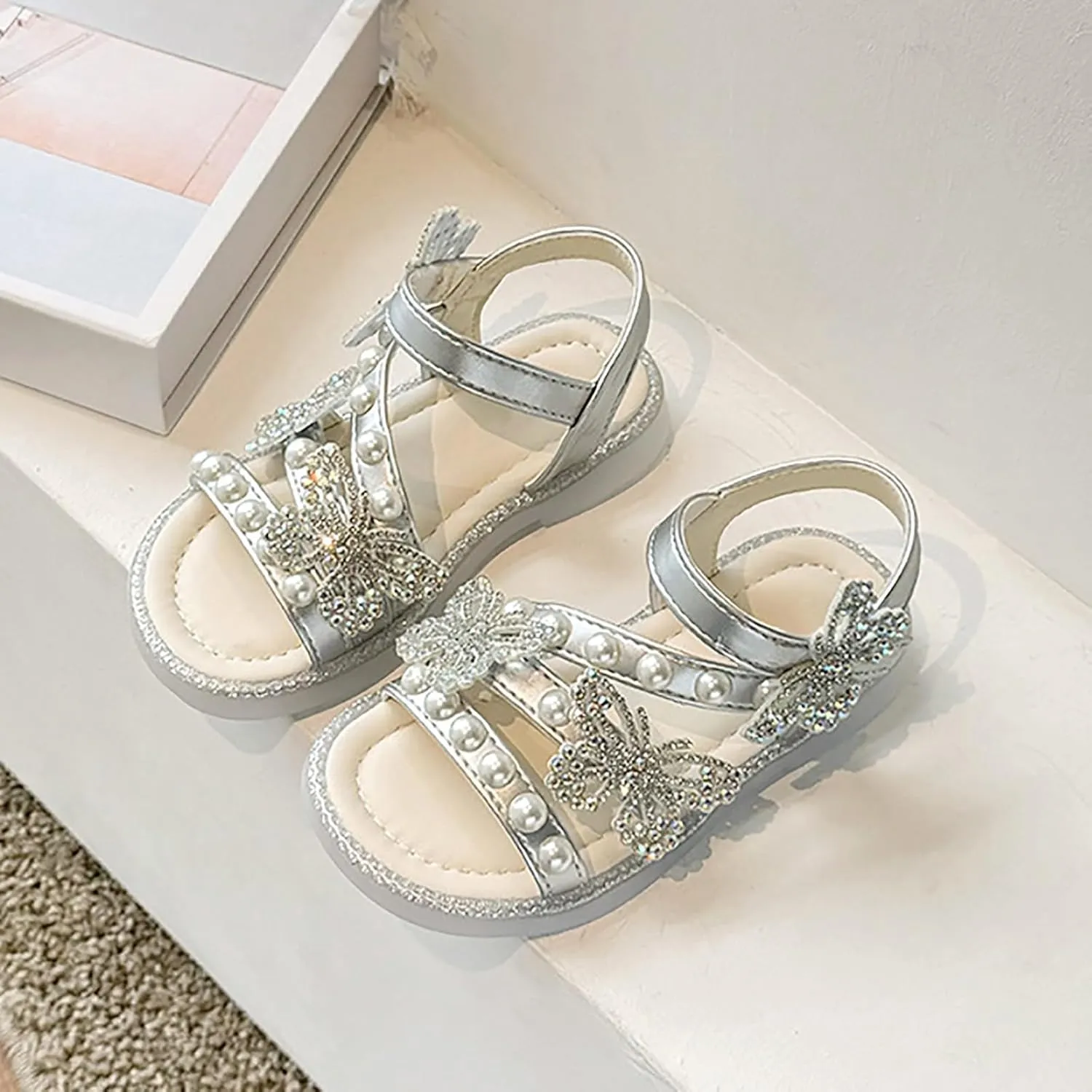 Girls T-Strap Beaded Flower Rhinestone Flats Sandals Cute Butterfly Dress Shoes Pearl Crystal Boho Beach Shoes