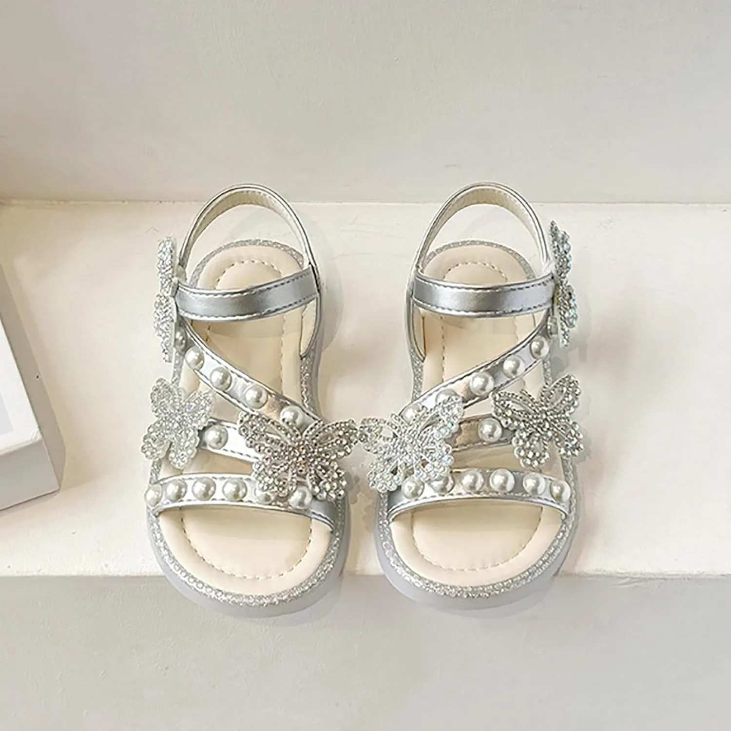 Girls T-Strap Beaded Flower Rhinestone Flats Sandals Cute Butterfly Dress Shoes Pearl Crystal Boho Beach Shoes