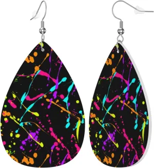 Glow In Dark Splatter Neon Earrings Dangle Earrings Double-Sided Leather Drop Teardrop Earrings Holiday Party Jewelry Gifts For Women
