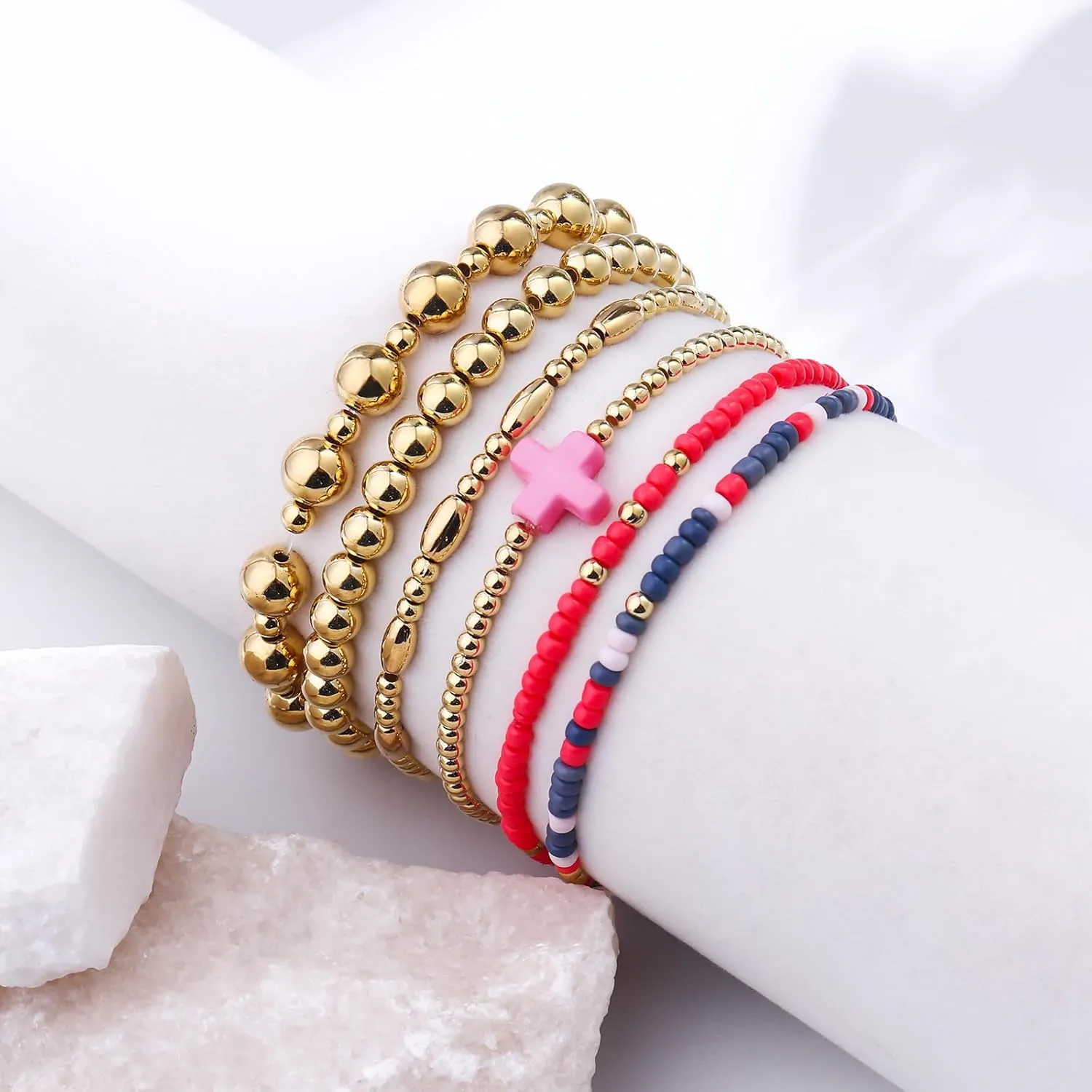 Gold Beaded Bracelets for Women: 14K Gold Bracelets for Women Trendy Dainty Gold Ball Bracelet Stack for Womens - Boho Stretch Bracelets Jewelry Sets with Cross Fashion Accessories Gifts for Women