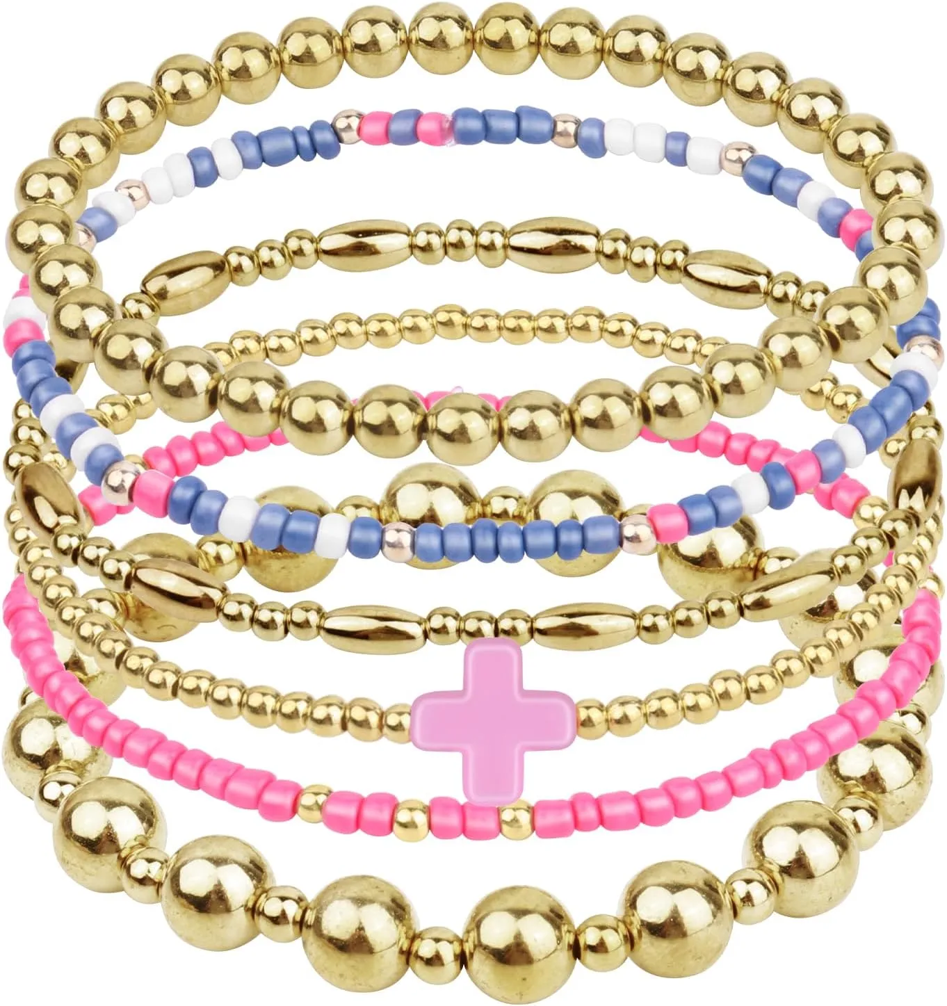 Gold Beaded Bracelets for Women: 14K Gold Bracelets for Women Trendy Dainty Gold Ball Bracelet Stack for Womens - Boho Stretch Bracelets Jewelry Sets with Cross Fashion Accessories Gifts for Women