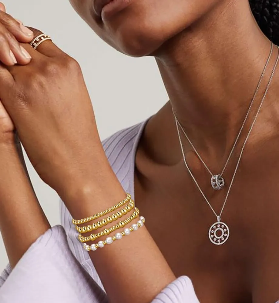 Gold Beaded Bracelets for Women, 14K Real Gold Plated Jewelry for Women Dainty Pearl Bead Bracelets Stack, Non Tarnish Trendy Stackable Ball Cross Stretch Bracelet Set Fashion Accessories Gifts for Women