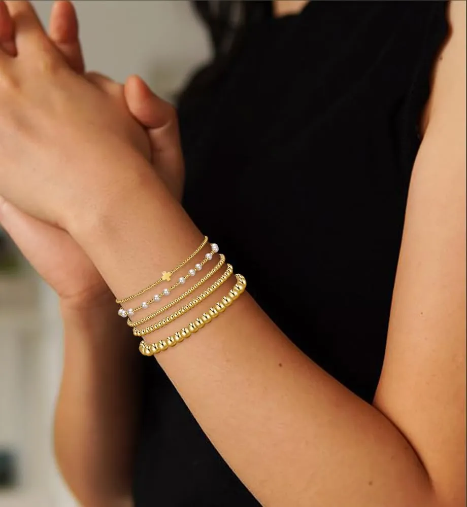Gold Beaded Bracelets for Women, 14K Real Gold Plated Jewelry for Women Dainty Pearl Bead Bracelets Stack, Non Tarnish Trendy Stackable Ball Cross Stretch Bracelet Set Fashion Accessories Gifts for Women