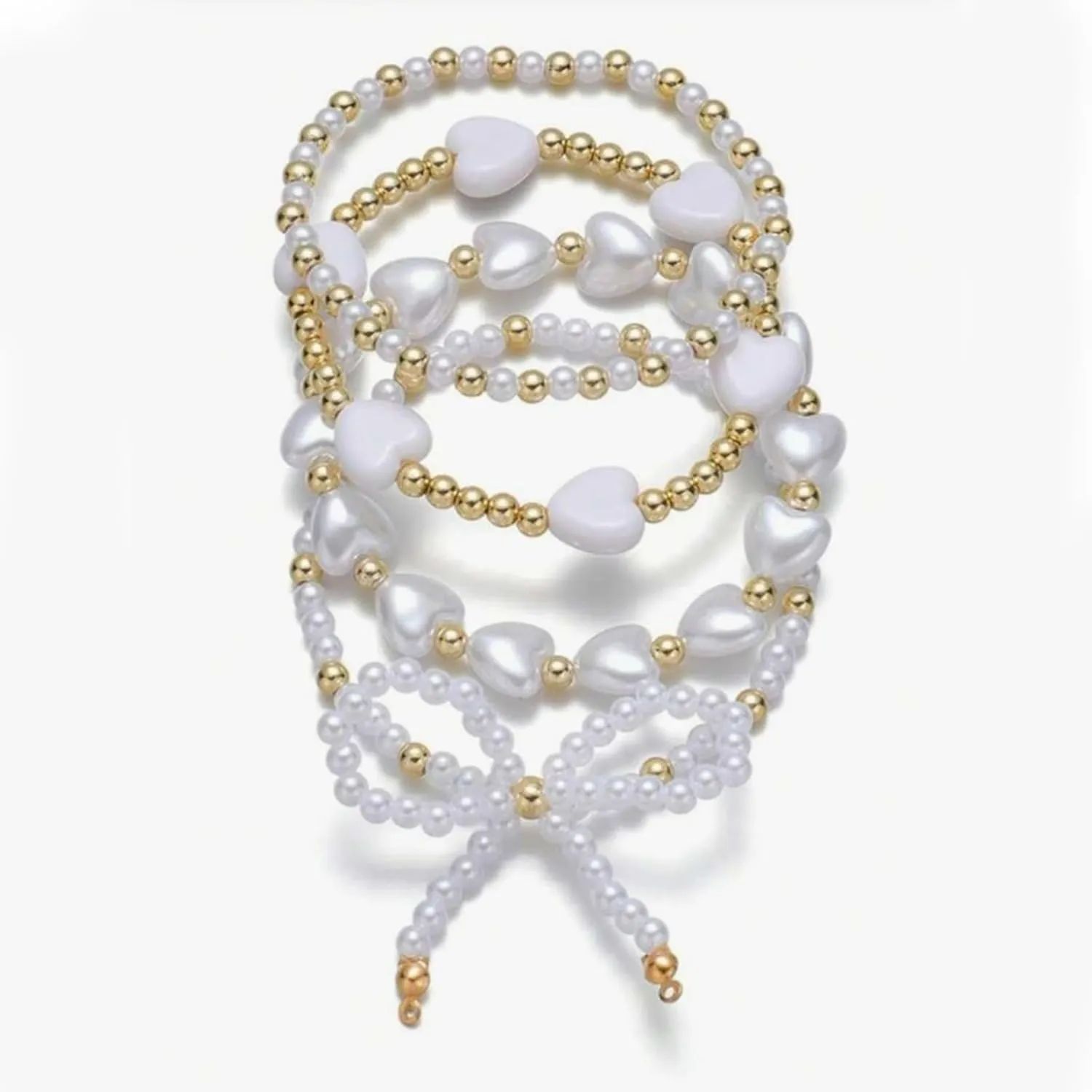 Gold Bow Beaded Bracelets for Women Layered Heart Bow Pearl Charm Bracelets Dainty Faux Pearl Stackable Bracelets Adjustable Heart Stretch Beaded Bracelets Trendy Christmas Valentines Jewelry