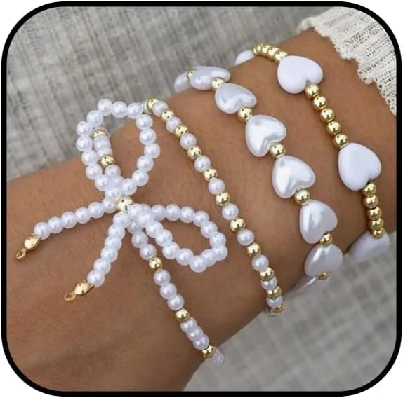 Gold Bow Beaded Bracelets for Women Layered Heart Bow Pearl Charm Bracelets Dainty Faux Pearl Stackable Bracelets Adjustable Heart Stretch Beaded Bracelets Trendy Christmas Valentines Jewelry
