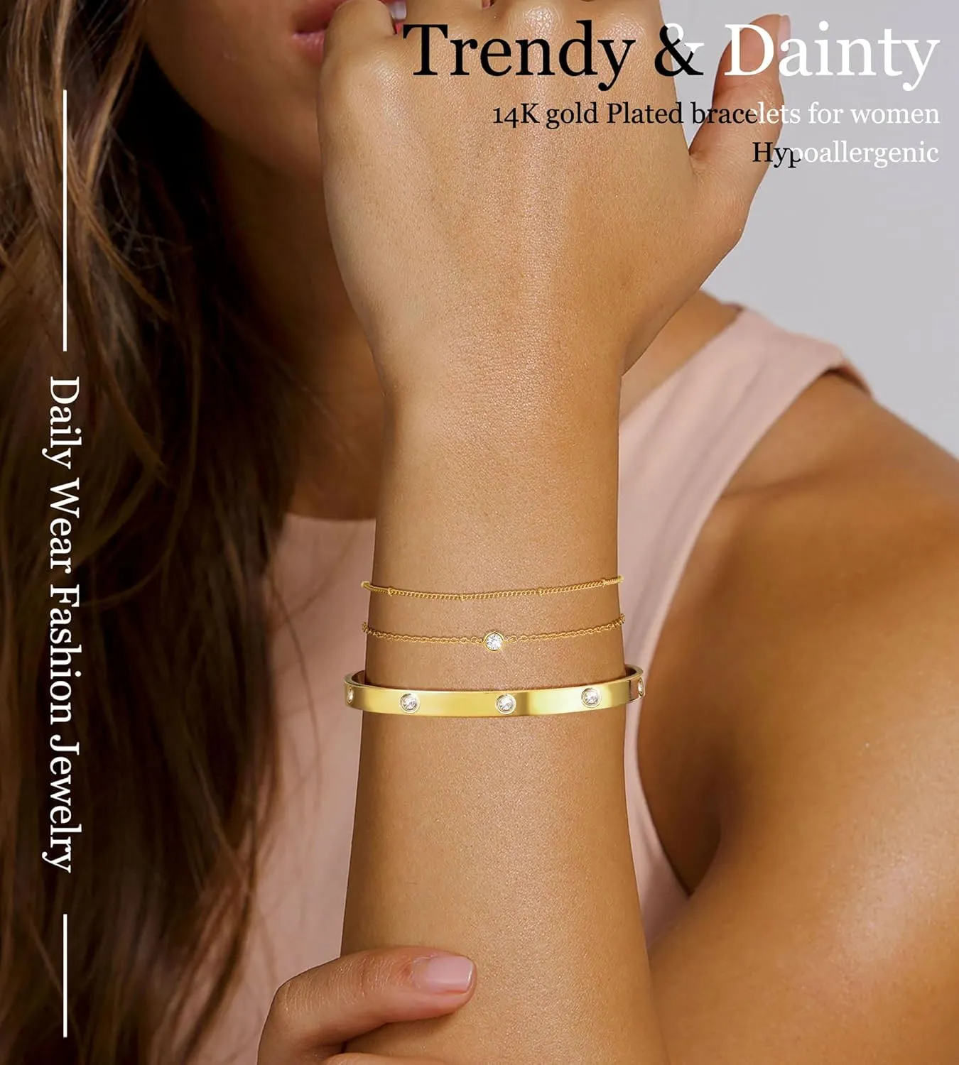 Gold Bracelets for Women Dainty 14K Gold Plated Bangle Cuff Stack Adjustable Stackable Bracelet Non Tarnish Trendy Set Tennis Chain Layered Waterproof Jewelry Gifts for Women