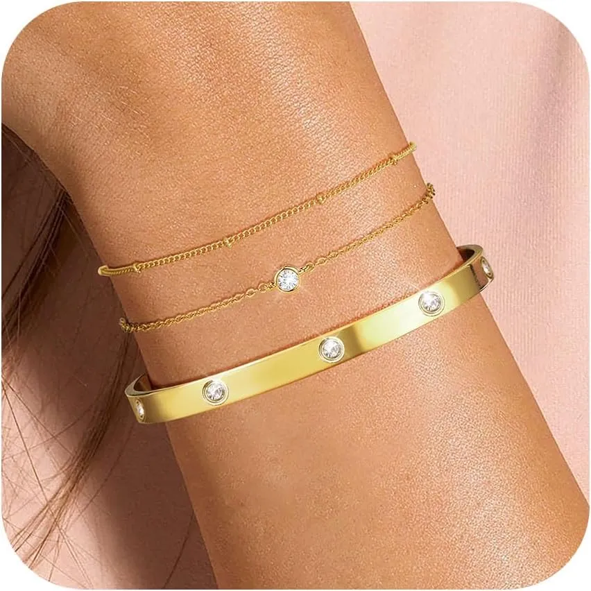 Gold Bracelets for Women Dainty 14K Gold Plated Bangle Cuff Stack Adjustable Stackable Bracelet Non Tarnish Trendy Set Tennis Chain Layered Waterproof Jewelry Gifts for Women