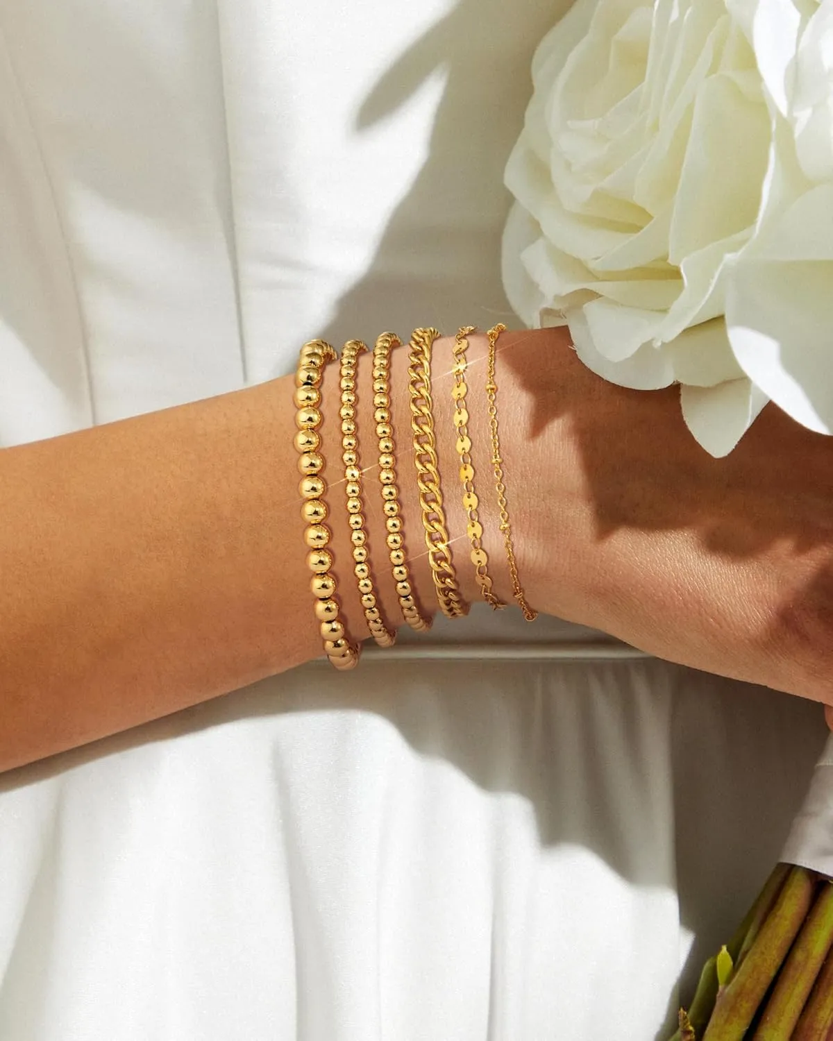 Gold Chain Bracelets Set for Women - 14K Gold Plated Dainty Cuban Link Bracelet Stack Non Tarnish Figaro Herringbone Paperclip Beaded Bracelet Pack Jewelry Gifts for Women