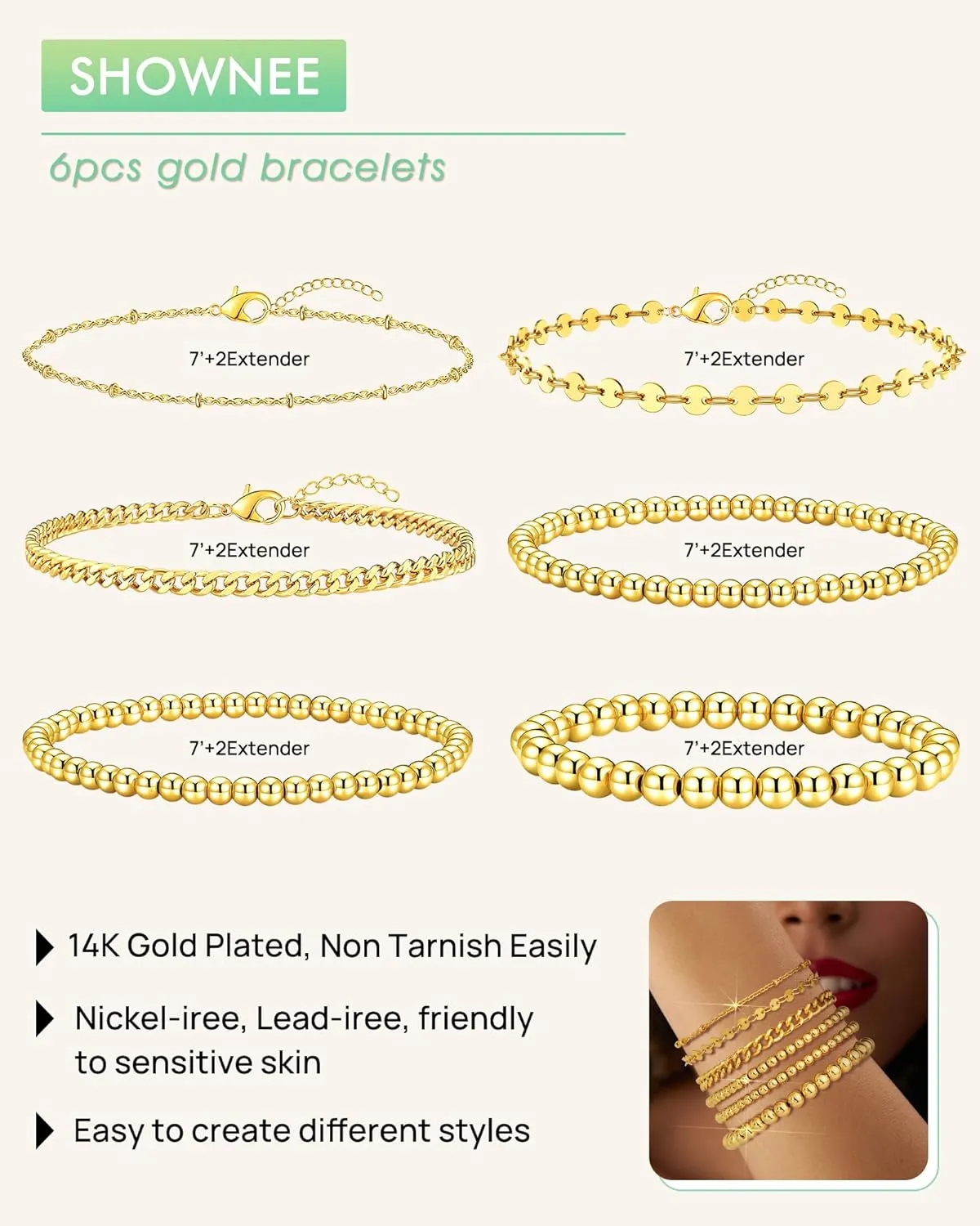 Gold Chain Bracelets Set for Women - 14K Gold Plated Dainty Cuban Link Bracelet Stack Non Tarnish Figaro Herringbone Paperclip Beaded Bracelet Pack Jewelry Gifts for Women