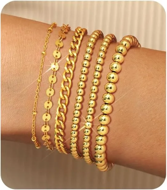 Gold Chain Bracelets Set for Women - 14K Gold Plated Dainty Cuban Link Bracelet Stack Non Tarnish Figaro Herringbone Paperclip Beaded Bracelet Pack Jewelry Gifts for Women