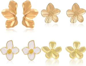 Gold Flower Earrings Floral Petal Stud Earrings Statement Earrings for Women 4 Pairs