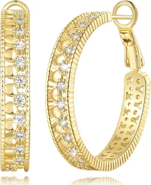 Gold Hoop Earrings for Women 14K Gold Earrings for Women with Cubic Zirconia Hollow-Carved Design Like a Fine Piece of Lace Womens Hoop Earring Trendy 25/30mm