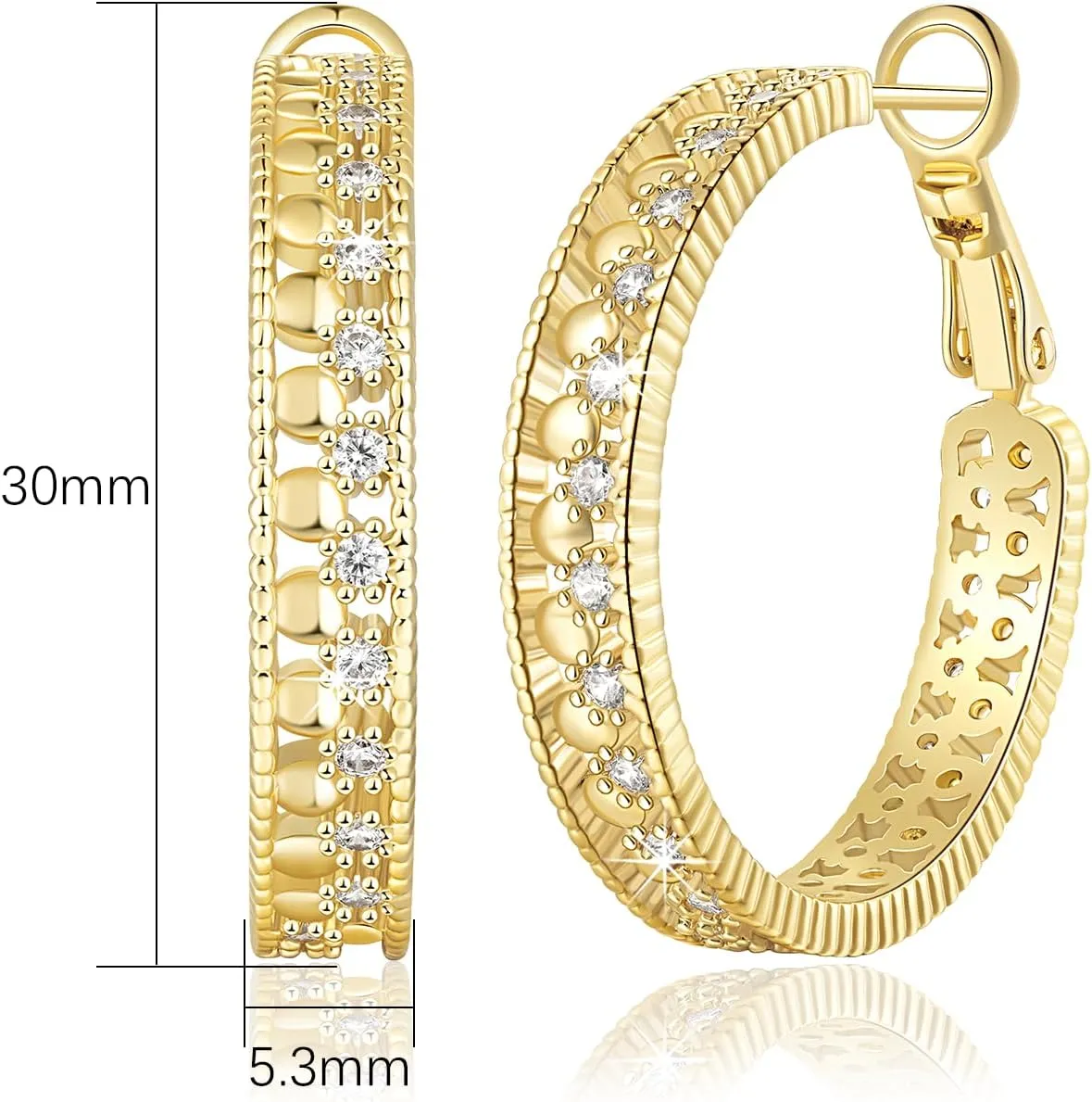 Gold Hoop Earrings for Women 14K Gold Earrings for Women with Cubic Zirconia Hollow-Carved Design Like a Fine Piece of Lace Womens Hoop Earring Trendy 25/30mm