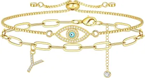Gold Initial Bracelets for Girls, 14K Plated Gold Bracelets for Women Friendship Evil Eye Bracelets Teen Girls Jewelry Adjustable Paperclip Chain Bracelets for Girls Oval Evil Eye Jewelry (Y)