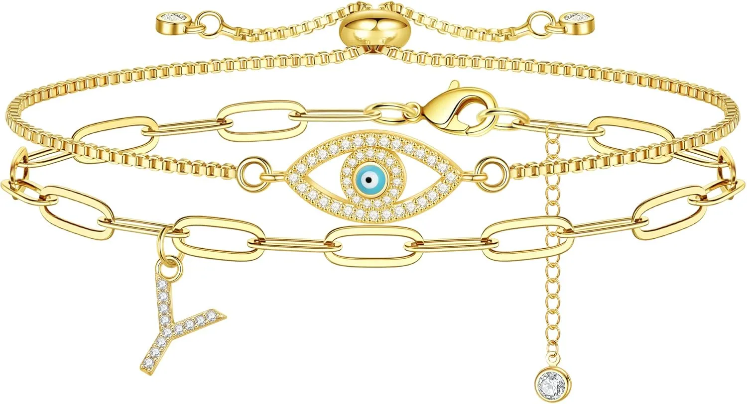 Gold Initial Bracelets for Girls, 14K Plated Gold Bracelets for Women Friendship Evil Eye Bracelets Teen Girls Jewelry Adjustable Paperclip Chain Bracelets for Girls Oval Evil Eye Jewelry (Y)