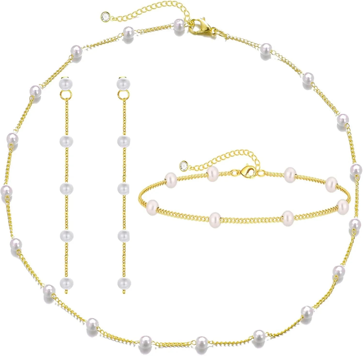 Gold Jewelry Set for Women,Dainty 14K Pearl Adjustable Jewelry Necklaces for Bride Bridesmaid Wedding Birthday Gifts Bracelet Pearl Drop Earrings Dainty Wedding Pearl Jewelry