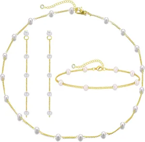Gold Jewelry Set for Women,Dainty 14K Pearl Adjustable Jewelry Necklaces for Bride Bridesmaid Wedding Birthday Gifts Bracelet Pearl Drop Earrings Dainty Wedding Pearl Jewelry