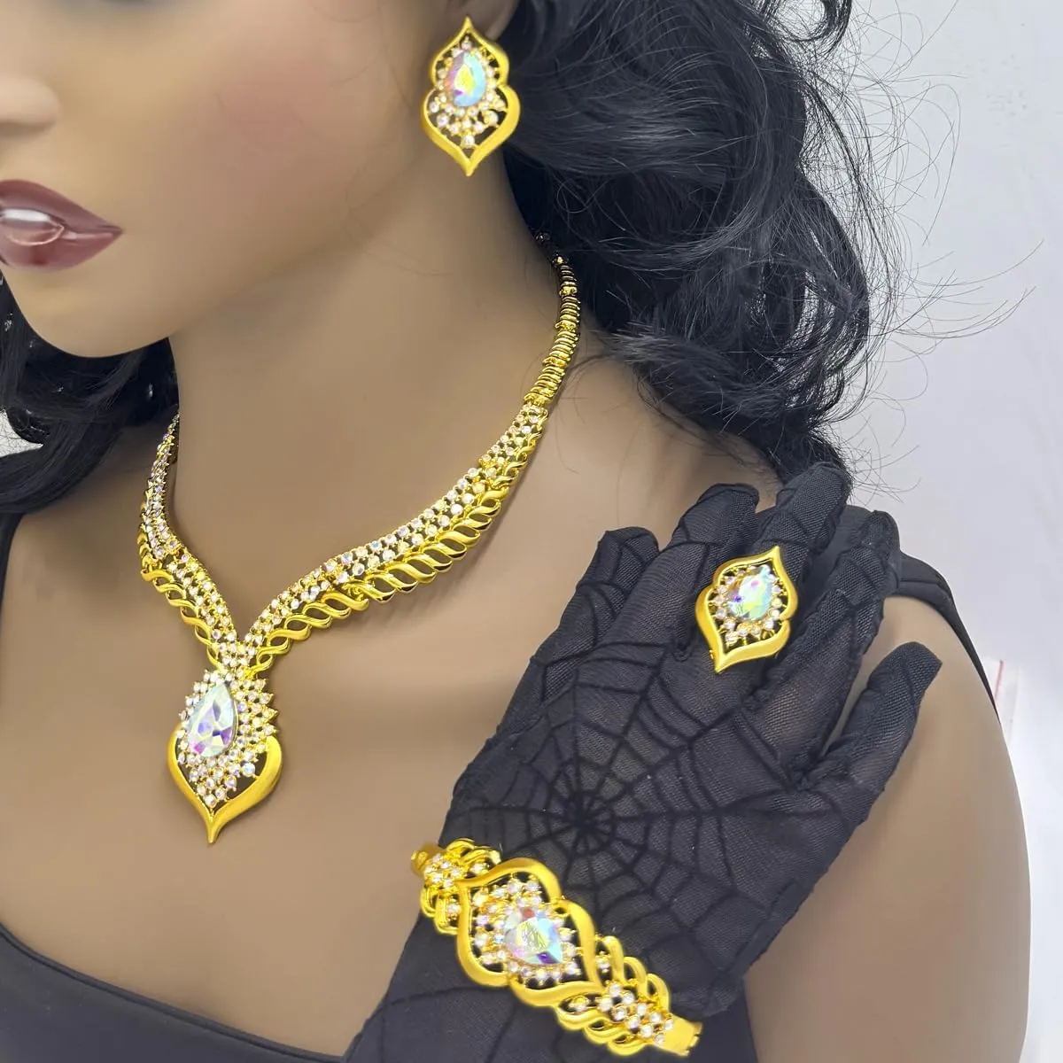 Gold Jewelry Sets for Women,Dubai Statement Necklaces Gold Bracelets Open Hoop Earrings Ring Fashion Crystal Wedding Costume Jewelry Accessories Set Mother's Day Birthday Wedding prom