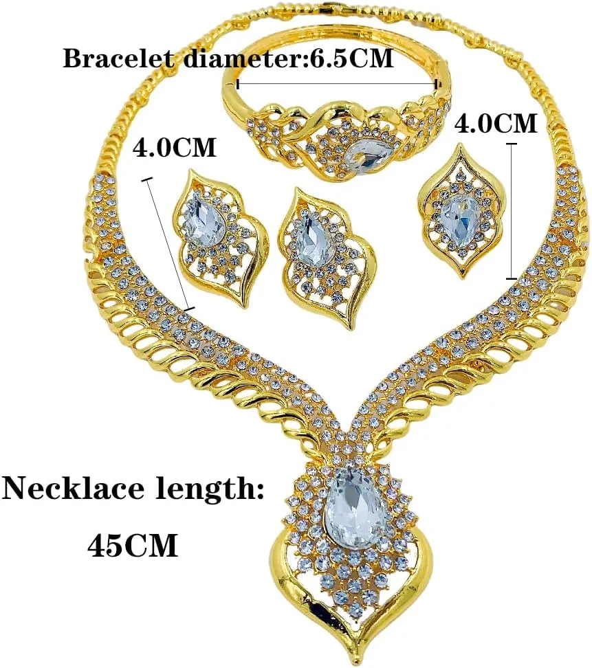 Gold Jewelry Sets for Women,Dubai Statement Necklaces Gold Bracelets Open Hoop Earrings Ring Fashion Crystal Wedding Costume Jewelry Accessories Set Mother's Day Birthday Wedding prom