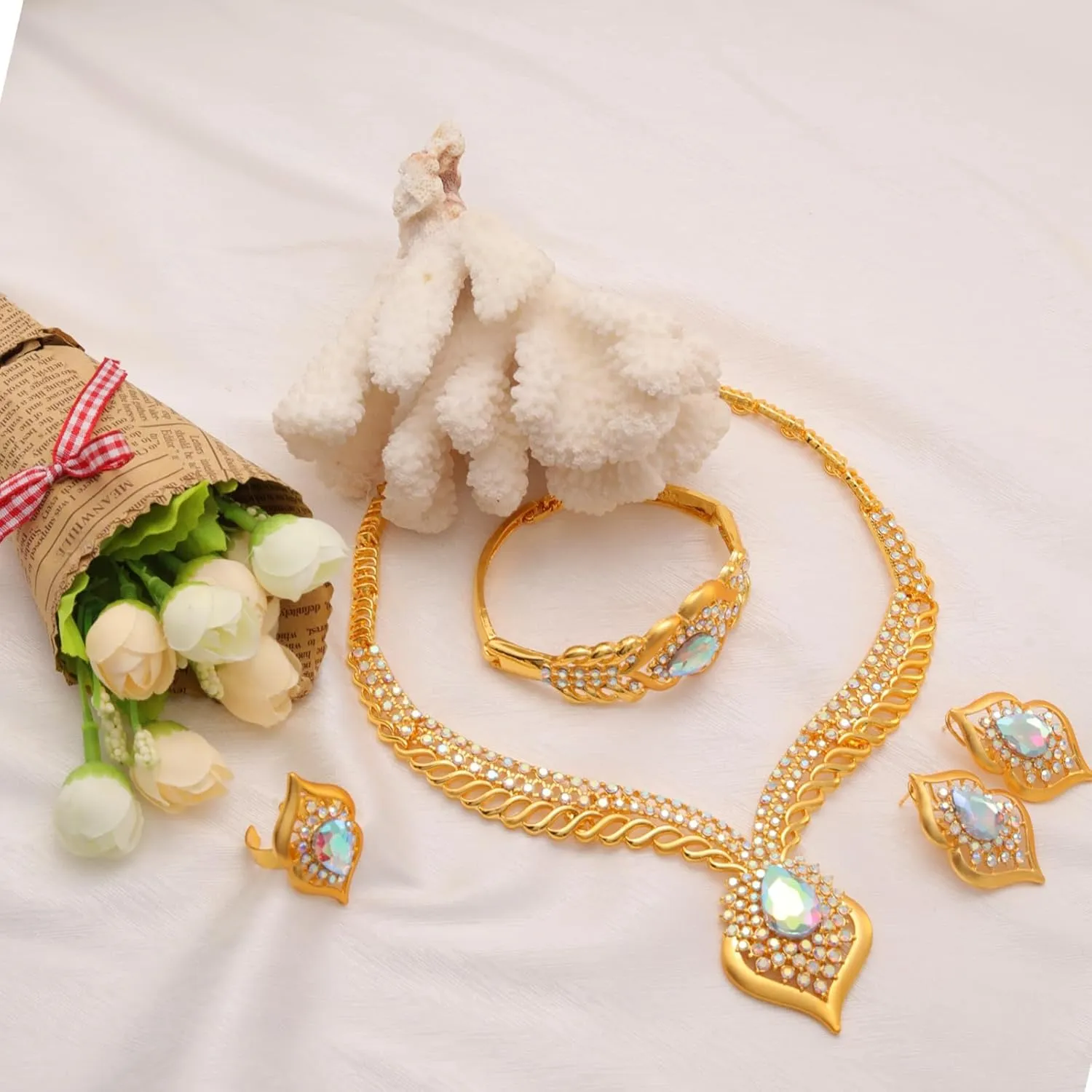 Gold Jewelry Sets for Women,Dubai Statement Necklaces Gold Bracelets Open Hoop Earrings Ring Fashion Crystal Wedding Costume Jewelry Accessories Set Mother's Day Birthday Wedding prom