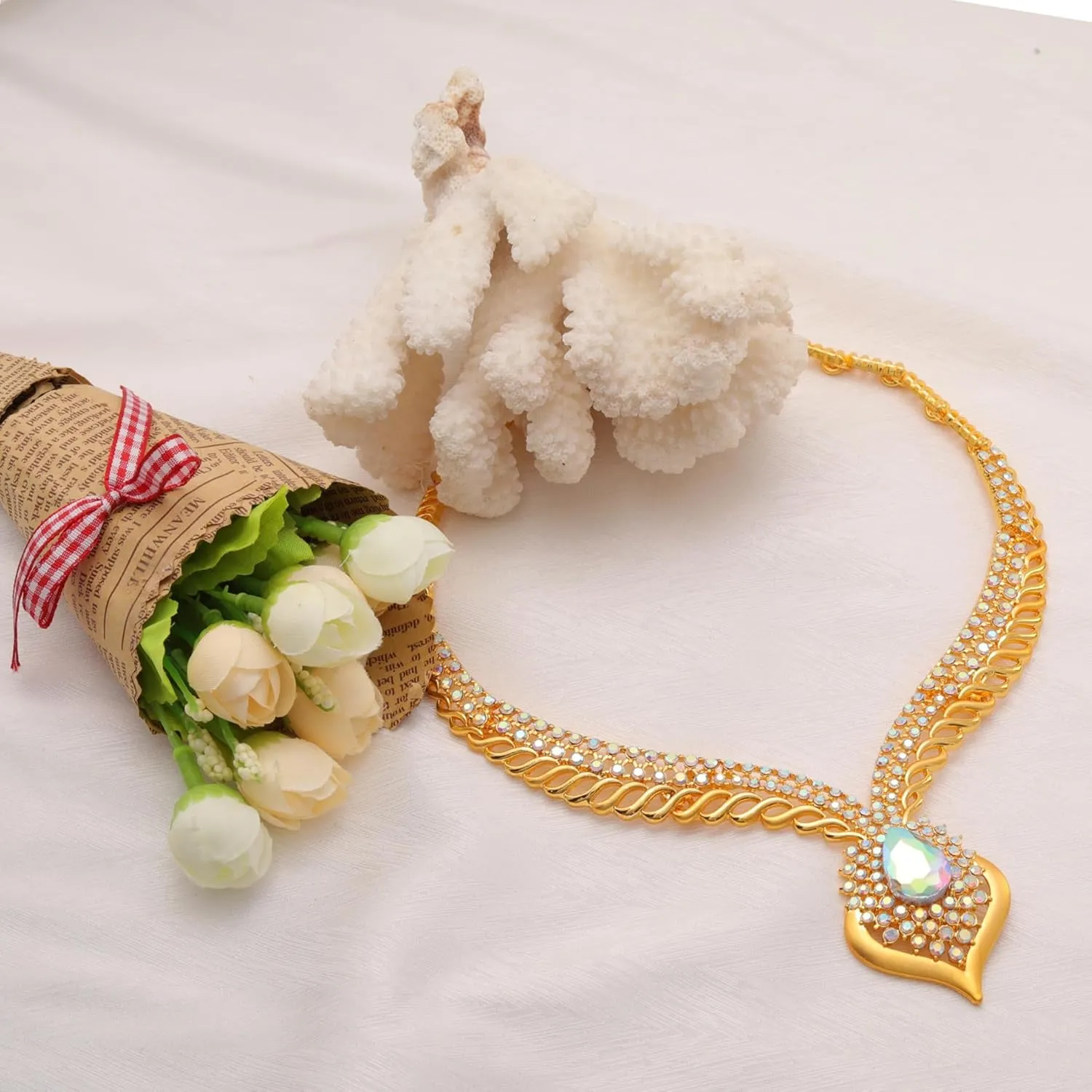 Gold Jewelry Sets for Women,Dubai Statement Necklaces Gold Bracelets Open Hoop Earrings Ring Fashion Crystal Wedding Costume Jewelry Accessories Set Mother's Day Birthday Wedding prom