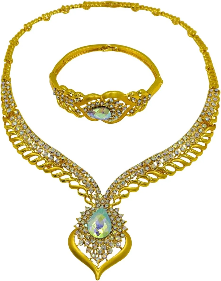 Gold Jewelry Sets for Women,Dubai Statement Necklaces Gold Bracelets Open Hoop Earrings Ring Fashion Crystal Wedding Costume Jewelry Accessories Set Mother's Day Birthday Wedding prom