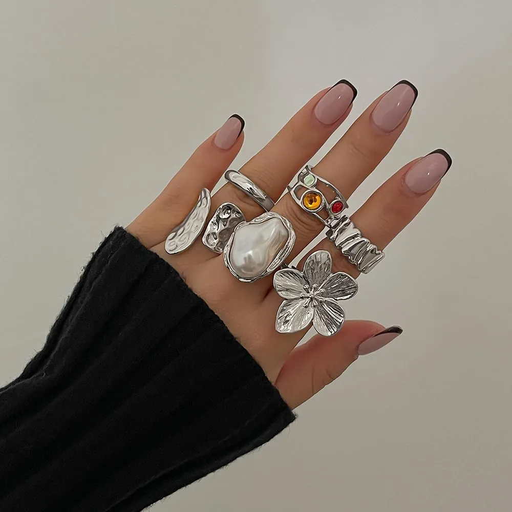Gold Knuckle Rings for Women Non Tarnish Stackable Rings Chunky Gold Ring Adjustable Open Flower Ring Baroque Pearl Ring Statement Jewelry