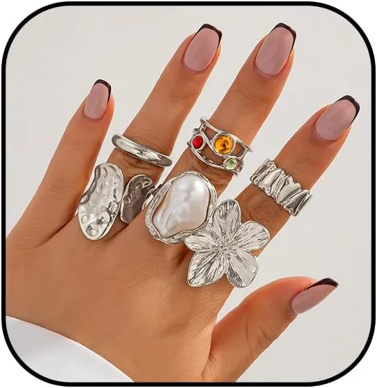 Gold Knuckle Rings for Women Non Tarnish Stackable Rings Chunky Gold Ring Adjustable Open Flower Ring Baroque Pearl Ring Statement Jewelry