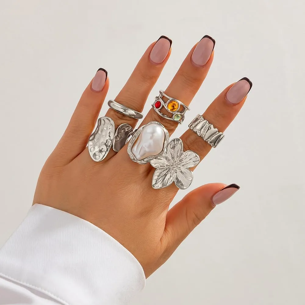 Gold Knuckle Rings for Women Non Tarnish Stackable Rings Chunky Gold Ring Adjustable Open Flower Ring Baroque Pearl Ring Statement Jewelry