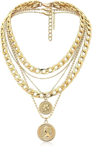 Gold Layered Necklaces for Women Chunky Choker Link Chain Trendy Retro Coin 14K Pendant Necklace Handmade Dainty Layering Poppy Lotus Rose Birth Flower Necklaces Gift