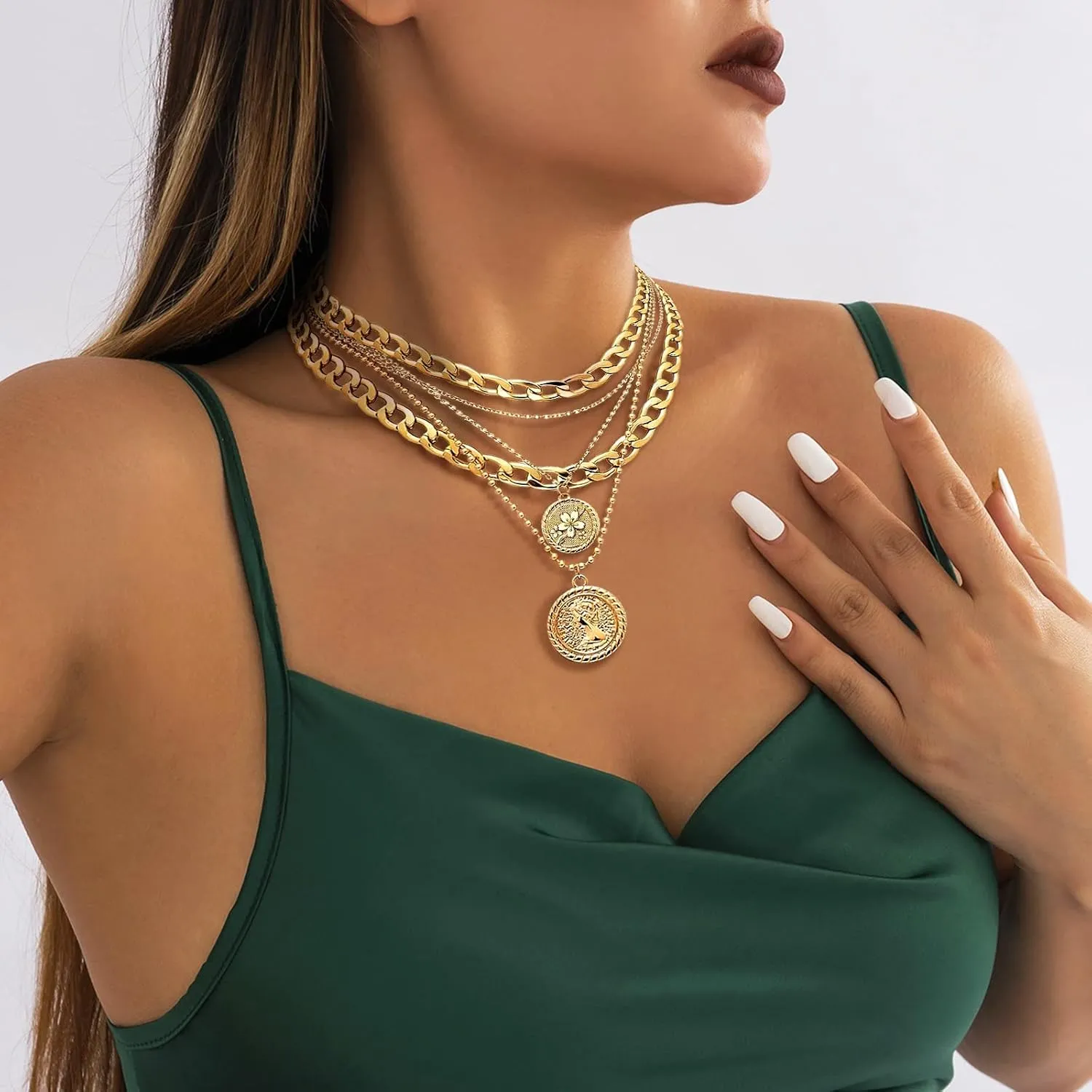 Gold Layered Necklaces for Women Chunky Choker Link Chain Trendy Retro Coin 14K Pendant Necklace Handmade Dainty Layering Poppy Lotus Rose Birth Flower Necklaces Gift