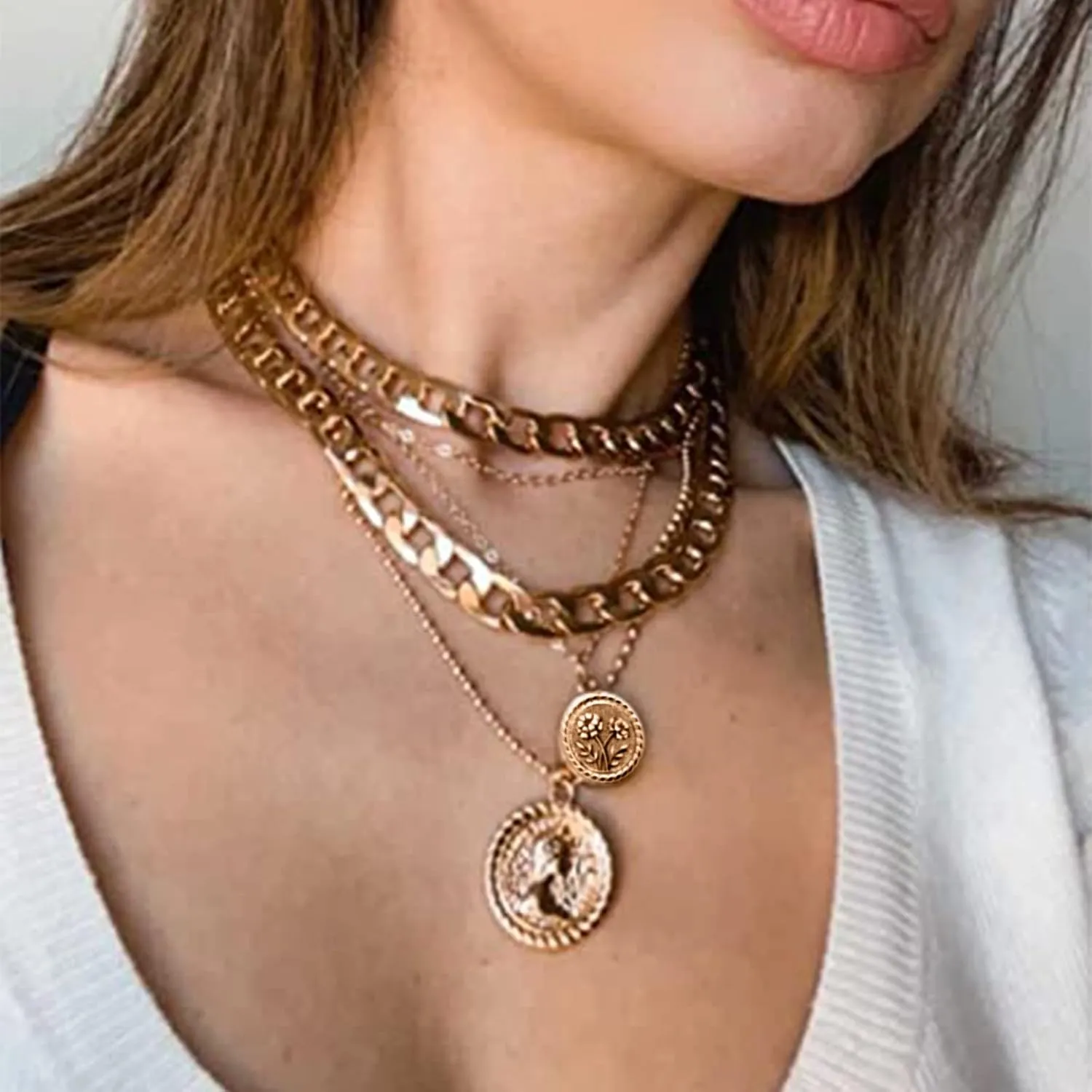 Gold Layered Necklaces for Women Chunky Choker Link Chain Trendy Retro Coin 14K Pendant Necklace Handmade Dainty Layering Poppy Lotus Rose Birth Flower Necklaces Gift