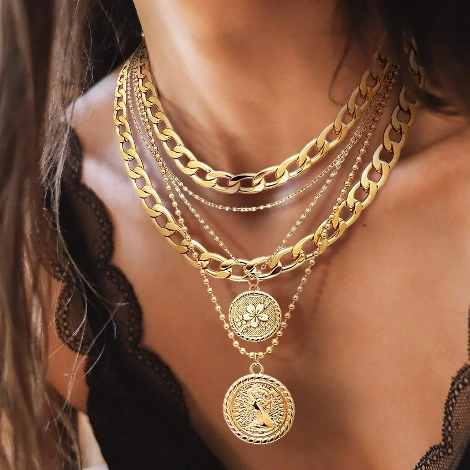 Gold Layered Necklaces for Women Chunky Choker Link Chain Trendy Retro Coin 14K Pendant Necklace Handmade Dainty Layering Poppy Lotus Rose Birth Flower Necklaces Gift