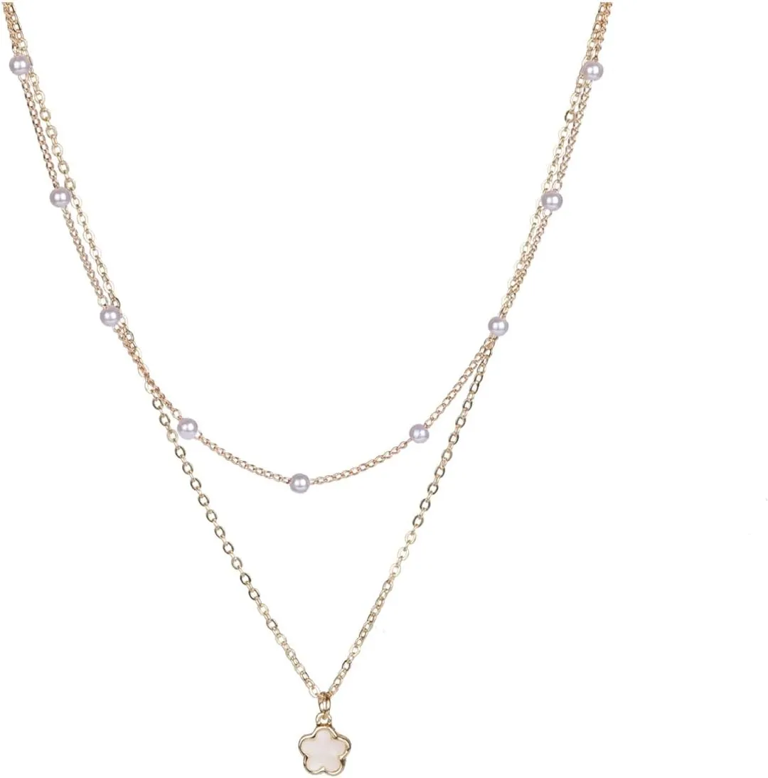 Gold Necklaces for Women Stackable Trendy Choker Pearl Chain Set Five-Leaf Clover Pendant Necklaces Fashion Jewelry for Women