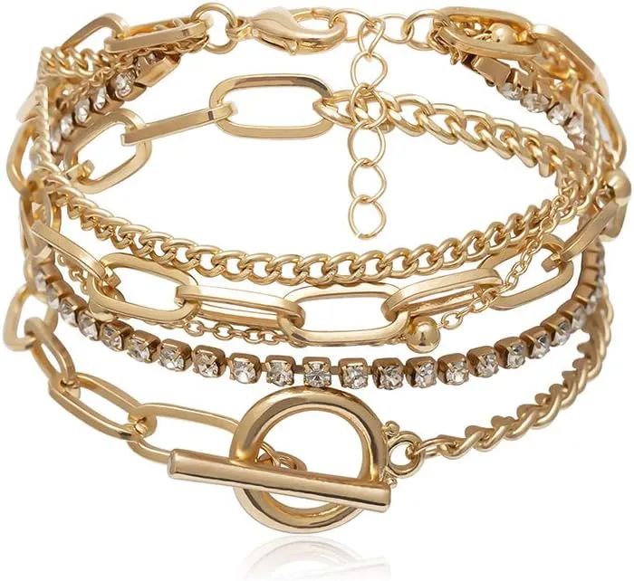 Gold Paper Clip Bracelet Adjustable Layered Stacked Charm Chain Neutral Fashion Bracelet For Women