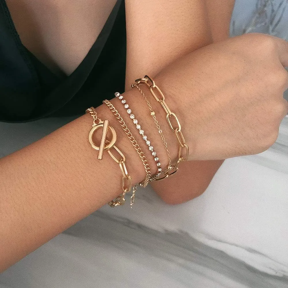 Gold Paper Clip Bracelet Adjustable Layered Stacked Charm Chain Neutral Fashion Bracelet For Women