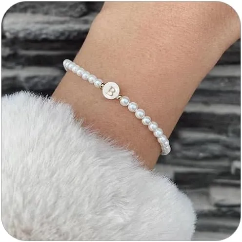 Gold Pearl Bracelets for Women Trendy Dainty Initial Bracelet,Strand Beaded 14k Gold Plated Bracelets for Women,Fashion Charm Womens Bracelets Jewelry Gifts