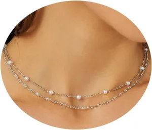 Gold Pearl Necklace for Women, Dainty 14k Gold Plated Long Layering Chain Necklaces Simple Gold Pearl Pendant Choker Necklaces for Women