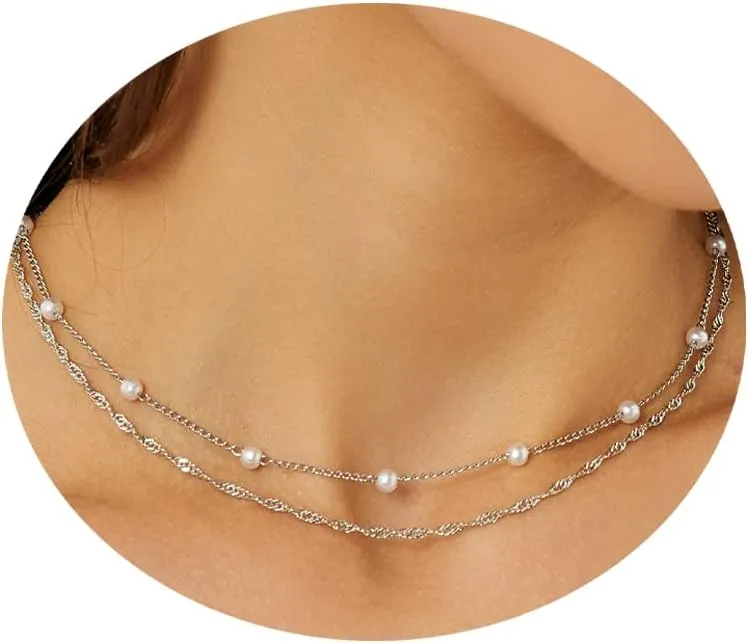 Gold Pearl Necklace for Women, Dainty 14k Gold Plated Long Layering Chain Necklaces Simple Gold Pearl Pendant Choker Necklaces for Women