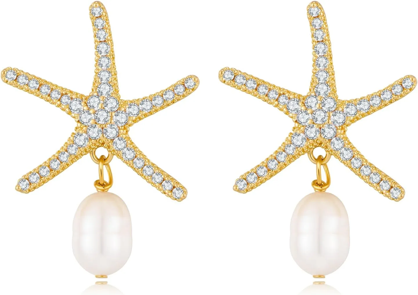 Gold Rhinestone Starfish Earrings Pearl Drop Earring Beachy Vacation Earrings Summer Trendy Jewelry