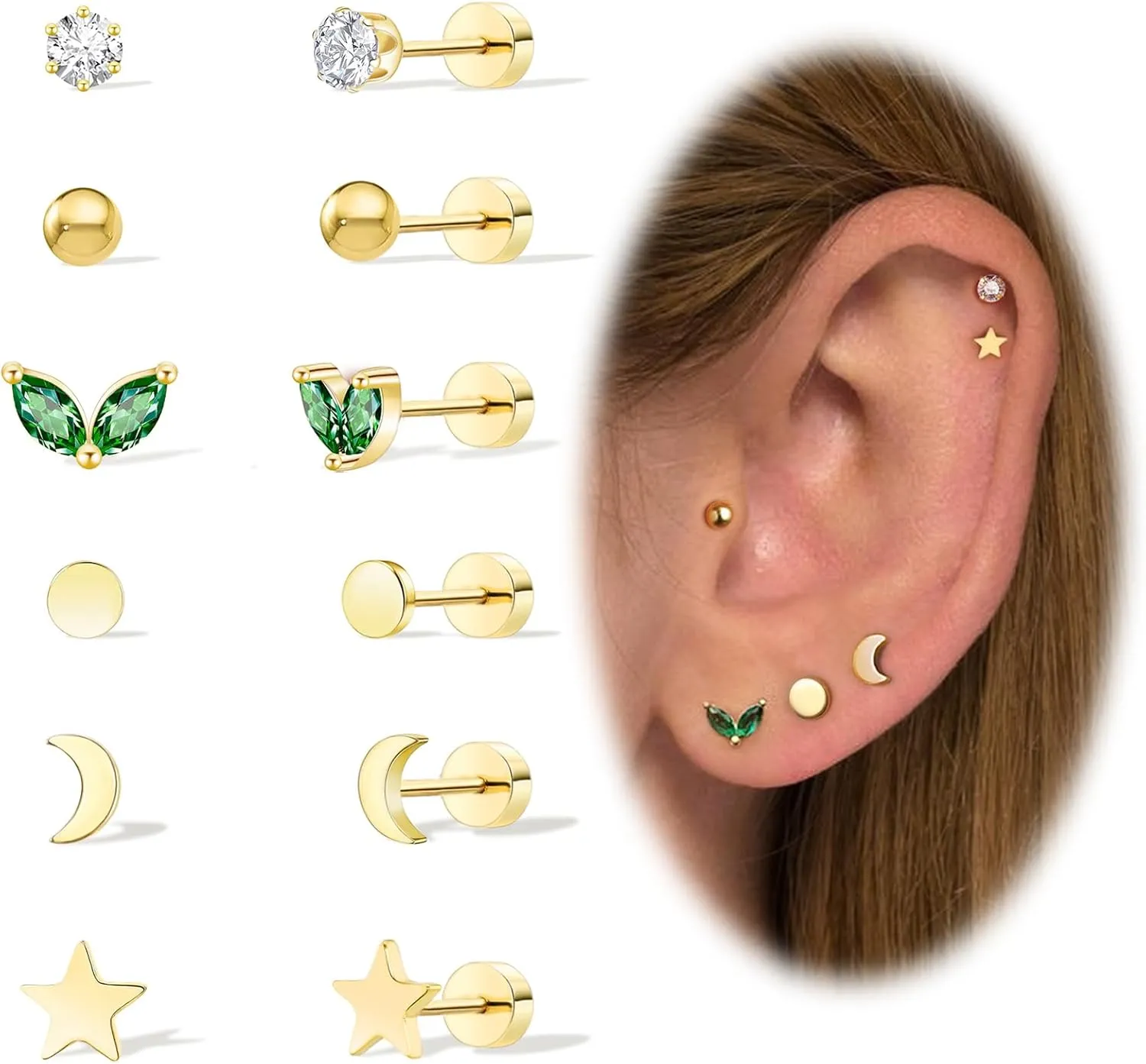 Gold Screw Flat Back Stud Earrings, 6 Pairs Hypoallergenic Earrings for Women 20G Surgical Stainles Cartilage Earrings Small Helix Conch Tragus Piercing Jewerly CZ Ball Dot Moon Star Earrings