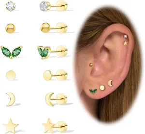 Gold Screw Flat Back Stud Earrings, 6 Pairs Hypoallergenic Earrings for Women 20G Surgical Stainles Cartilage Earrings Small Helix Conch Tragus Piercing Jewerly CZ Ball Dot Moon Star Earrings