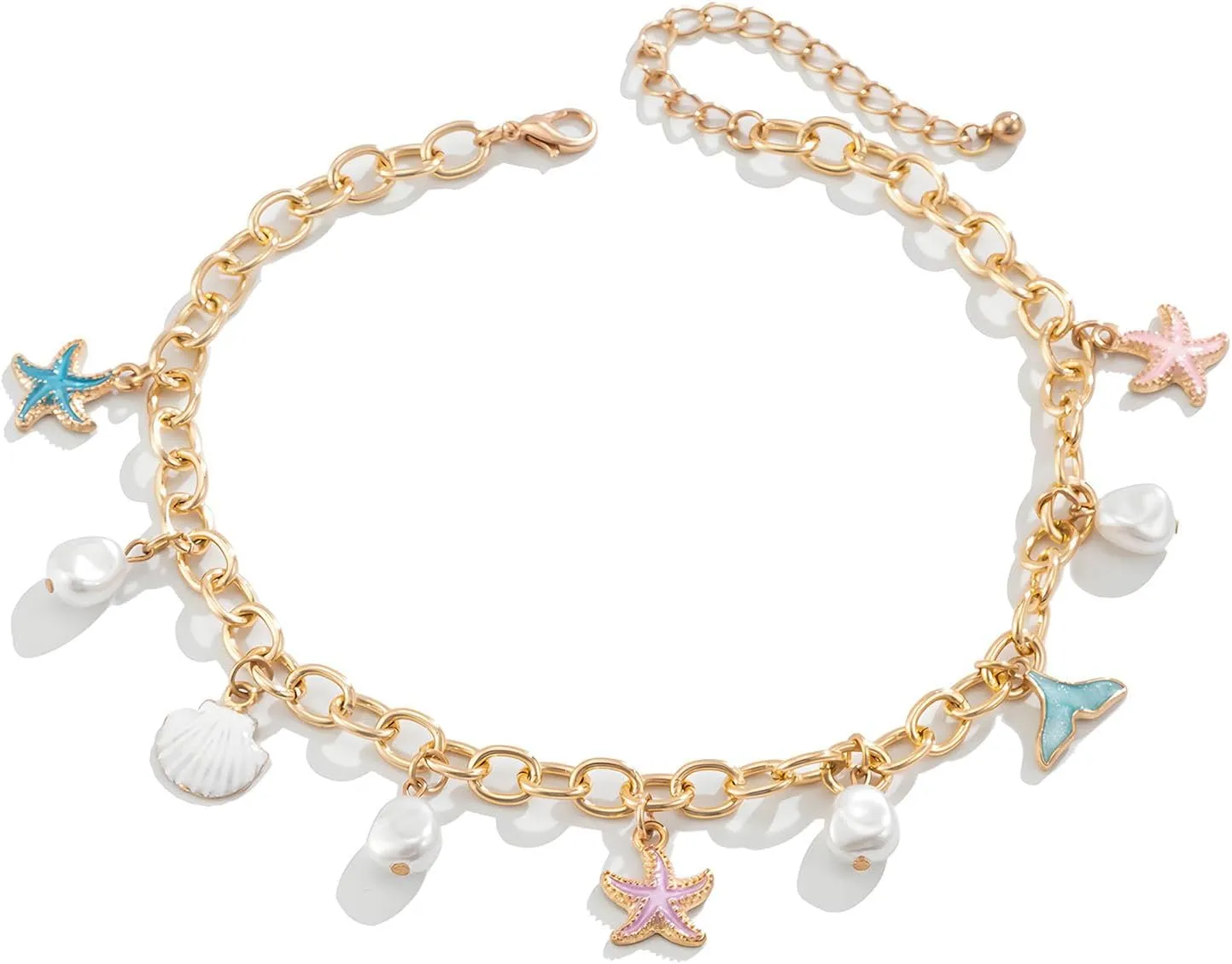 Gold Shell Charm Bracelets for Women Pearl Seashell Bracelets Starfish Shell Mermaid tail Pendant Bracelets Beach Jewelry for Women