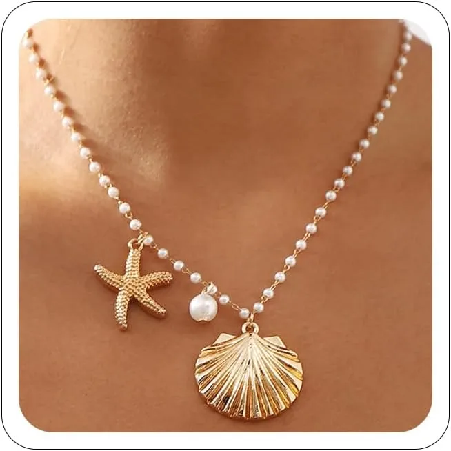 Gold Shell Charm Necklace for Women,Layered Gold Seashell Starfish Necklaces Boho Surfer Beach Necklaces Dainty Summer Vacation Jewelry Costume Accessories