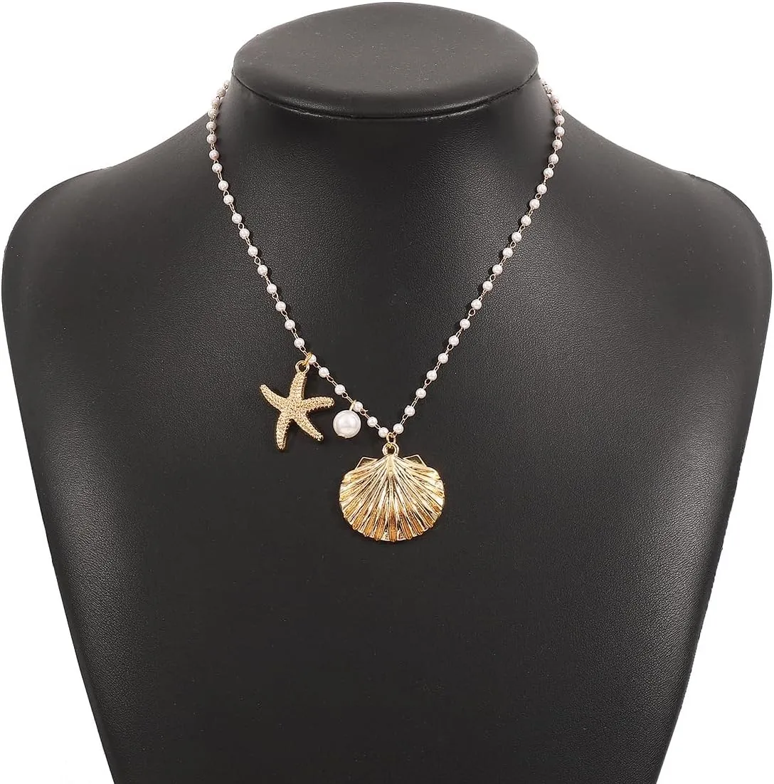 Gold Shell Charm Necklace for Women,Layered Gold Seashell Starfish Necklaces Boho Surfer Beach Necklaces Dainty Summer Vacation Jewelry Costume Accessories