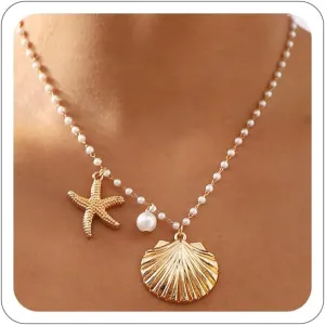 Gold Shell Charm Necklace for Women,Layered Gold Seashell Starfish Necklaces Boho Surfer Beach Necklaces Dainty Summer Vacation Jewelry Costume Accessories