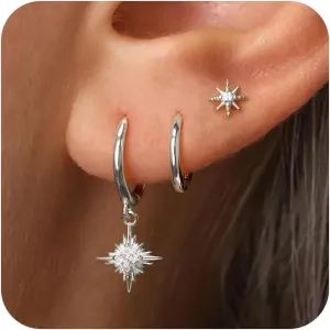 Gold/Silver Hoop Earrings for Women - 14K Plated Stackable Sets for Multiple Piercing, Dainty Cute Huggie Flat Back Stud Jewelry for Gift