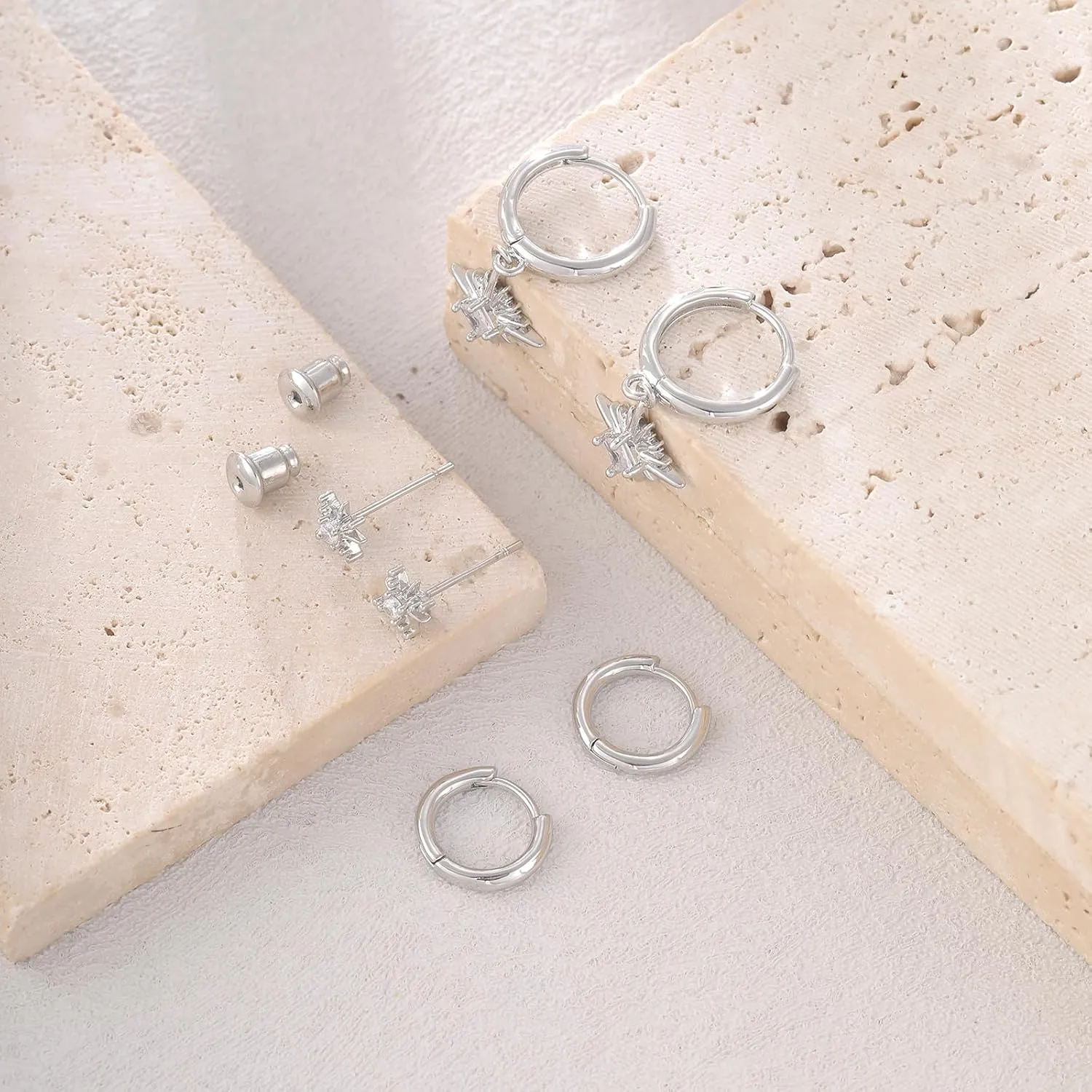 Gold/Silver Hoop Earrings for Women - 14K Plated Stackable Sets for Multiple Piercing, Dainty Cute Huggie Flat Back Stud Jewelry for Gift