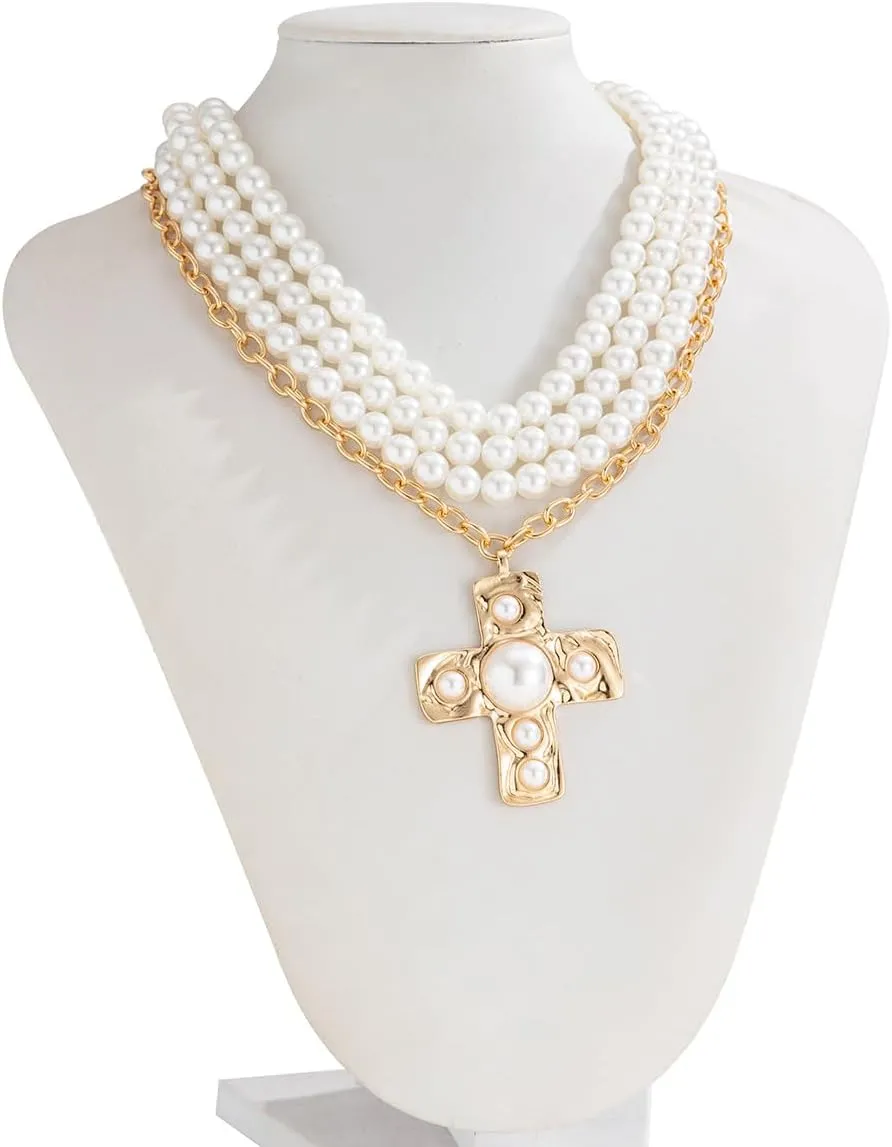 Gothic Cross Necklaces Layered Pearl Beads Cross Pendant Necklaces Punk Vintage Cross Chain Necklace Chunky Cross Necklace Gothic Jewelry for Women