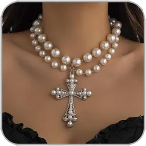 Gothic Cross Necklaces Layered Pearl Beads Cross Pendant Necklaces Punk Vintage Cross Chain Necklace Chunky Cross Necklace Gothic Jewelry for Women